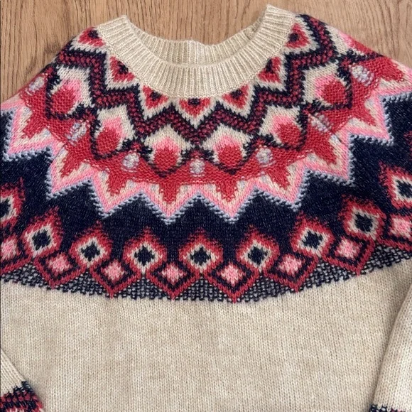 Women's Fair Isle Sweater - Cream and Pink-XS - Picture 2 of 3